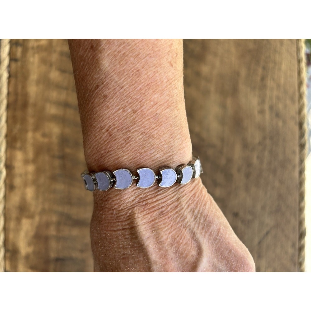 Vintage Lavender Enamel Link Bracelet Silver Tone Crescent MCM Safety Chain 7"